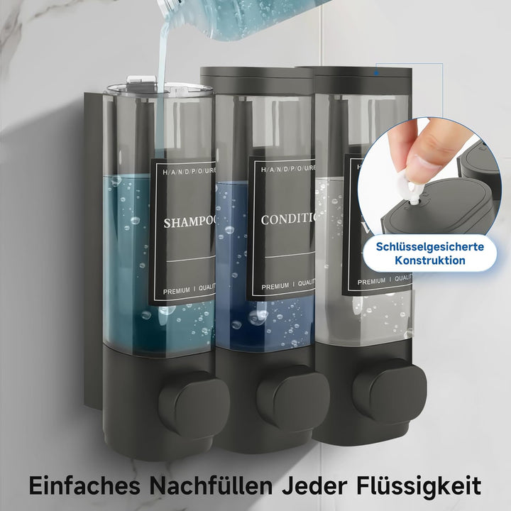 MEKOTRIN Seifenspender Wandbefestigung, Seifenspender Wandmontage 3 Kammern Duschgelspender Handwasc