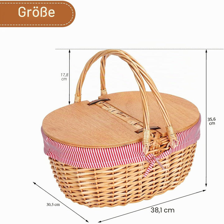 Picknickkorb aus Weidengeflecht Mit Einlage, Holz Geteilter Deckel, Vintage-Stil Weidenkorb Mit Falt