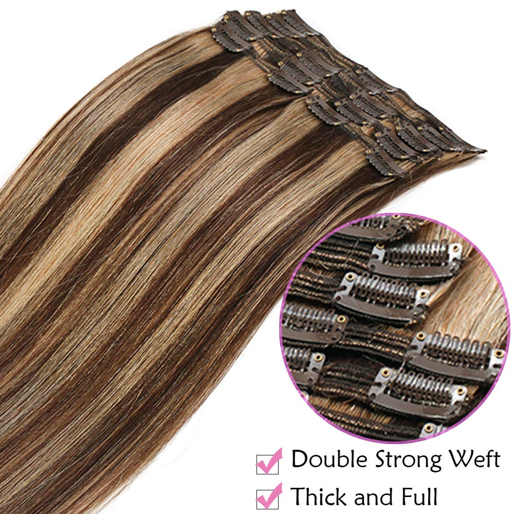 SEGO Echthaar Clip in Extensions 8 Pcs Doppelt Tressen Haarverlängerung 100% Remy Human Haar für Kom