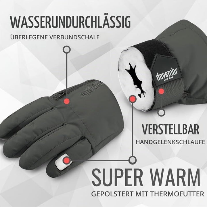 devembr Skihandschuhe mit Handgelenkschützern, Warme Snowboardhandschuhe für Herren und Damen M Grau