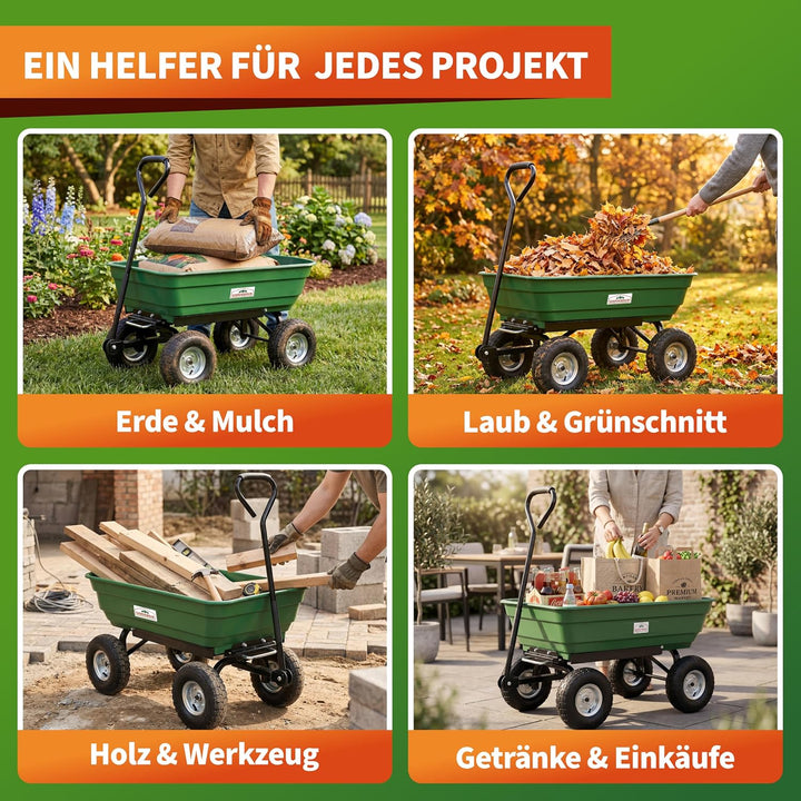 GARDEBRUK® Bollerwagen mit Kippfunktion 300kg Belastbar 4 Profil Gelände Räder Luftbereift Lenkachse