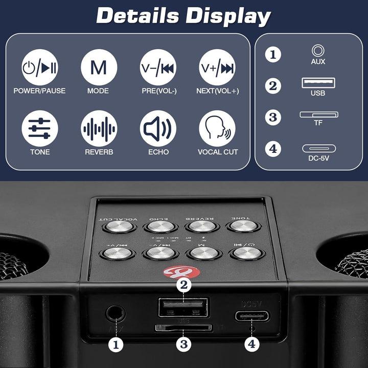 Karaoke Maschine mit 2 Mikrofone, Lautsprecher Box mit Lichteffekte, Tragbaren 5.3 Bluetooth Lautspr