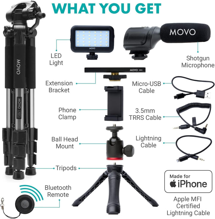 Movo iVlogger iPhone,Android Kompatibles Vlogging Kit mit Stativ in voller Grösse – Handy-Video-Kit