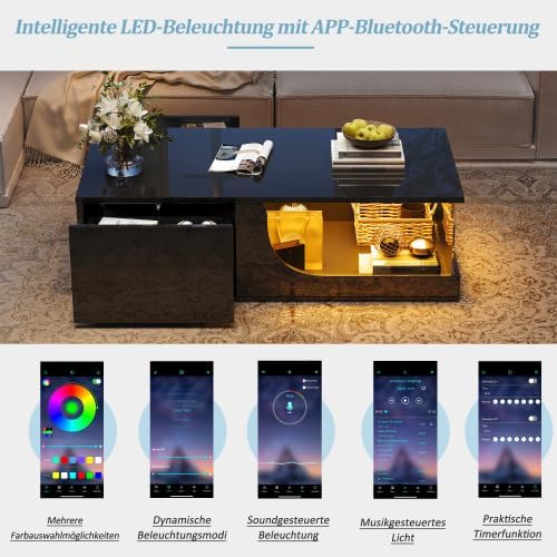 Merax Couchtisch mit LED-Beleuchtung, Doppelschichtige Aufbewahrung, Hochglanz-Oberfläche und gehärt