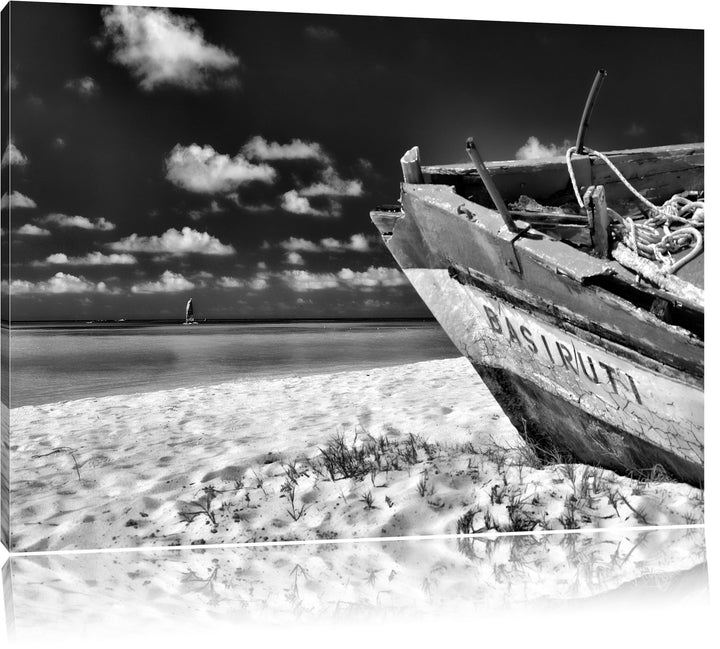 Monocrome, Boot am Strand, Format: 100x70 auf Leinwand, XXL riesige Bilder fertig gerahmt mit Keilra