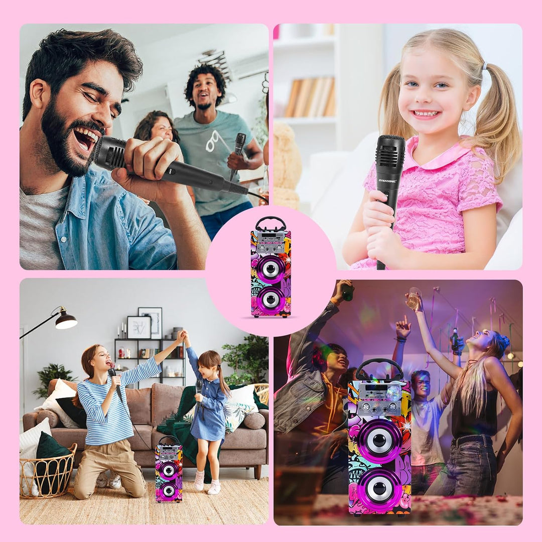 Dynamic Karaoke-Maschine, tragbarer Karaoke-Lautsprecher mit 2 Mikrofonen, Bluetooth-Lautsprecher, U