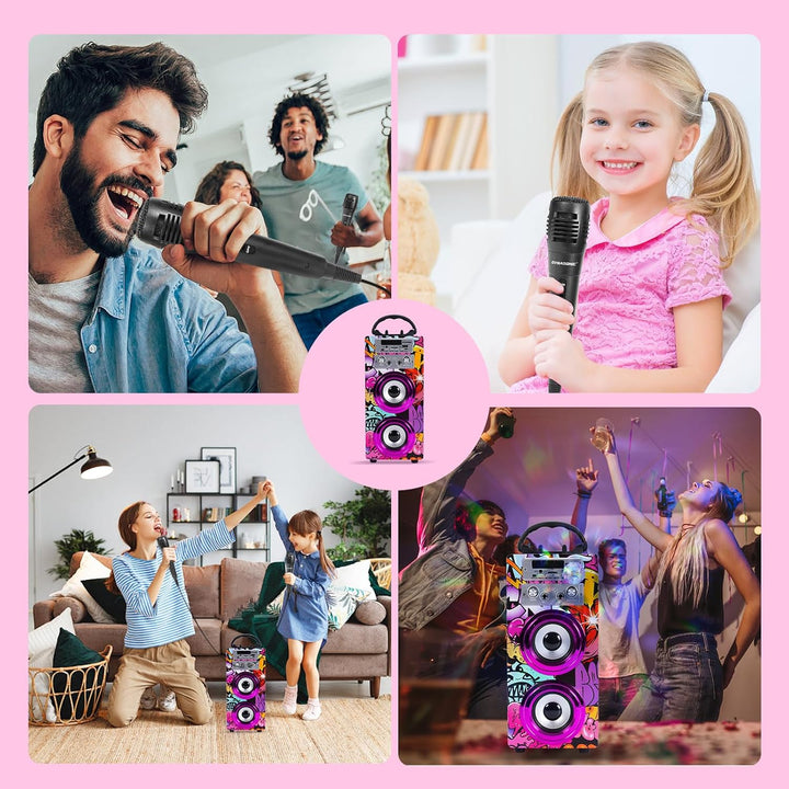 Dynamic Karaoke-Maschine, tragbarer Karaoke-Lautsprecher mit 2 Mikrofonen, Bluetooth-Lautsprecher, U