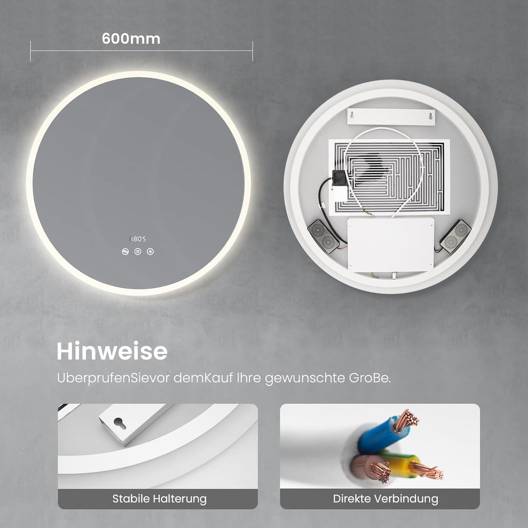 Heilmetz Bluetooth Badspiegel mit Beleuchtung Rund 60cm, LED Badezimmerspiegel mit Licht, Uhr, Antib
