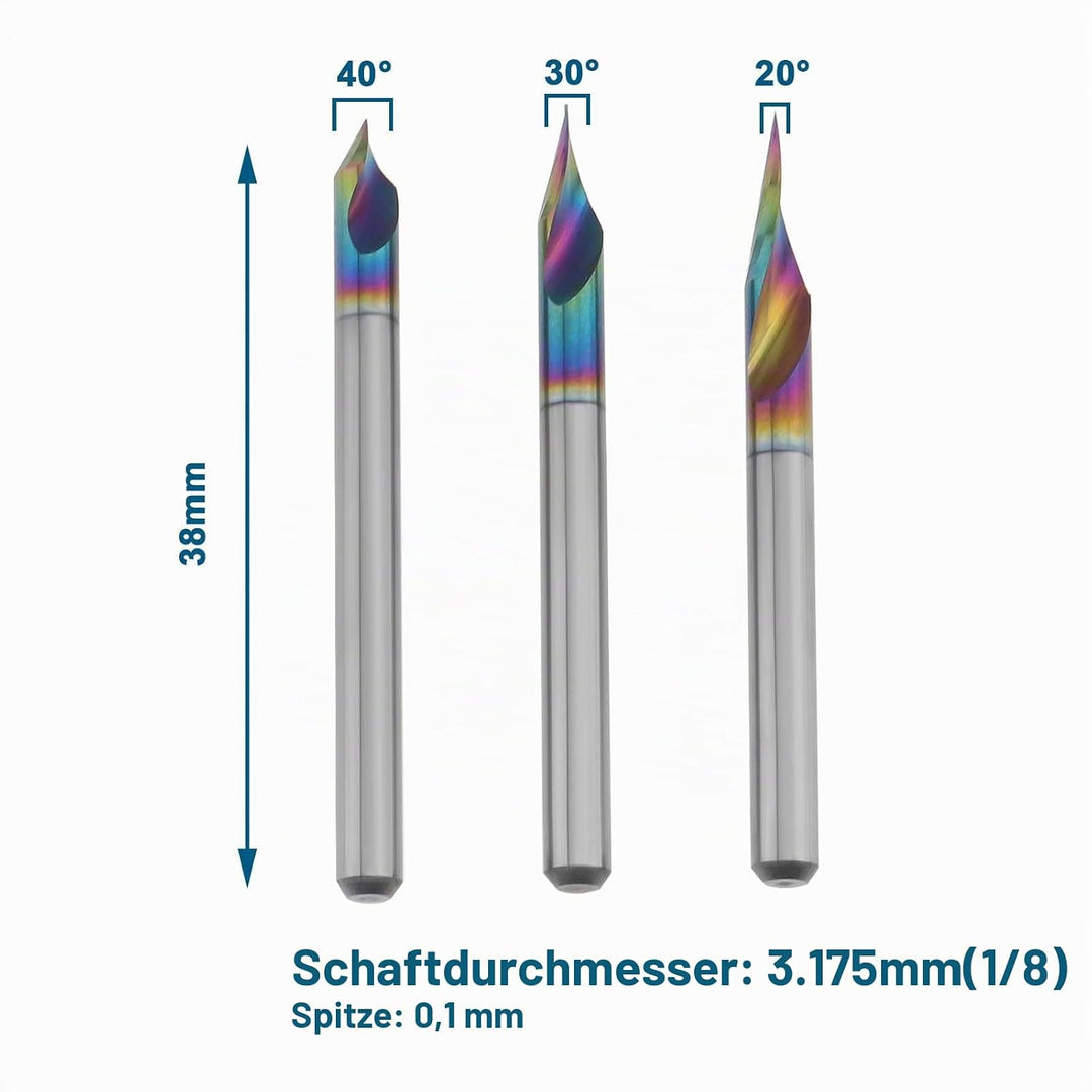 The Lord of the Tools 3 Stück 1/8 Zoll Schaft V-Nut CNC-Fräser Schaftfräser 20/30/60 Grad 0,1 Mm 2-s