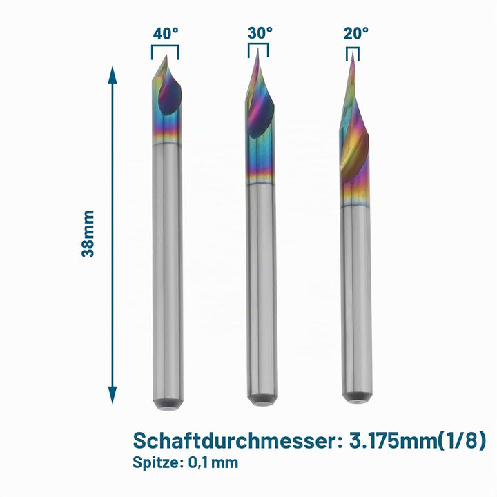 The Lord of the Tools 3 Stück 1/8 Zoll Schaft V-Nut CNC-Fräser Schaftfräser 20/30/60 Grad 0,1 Mm 2-s