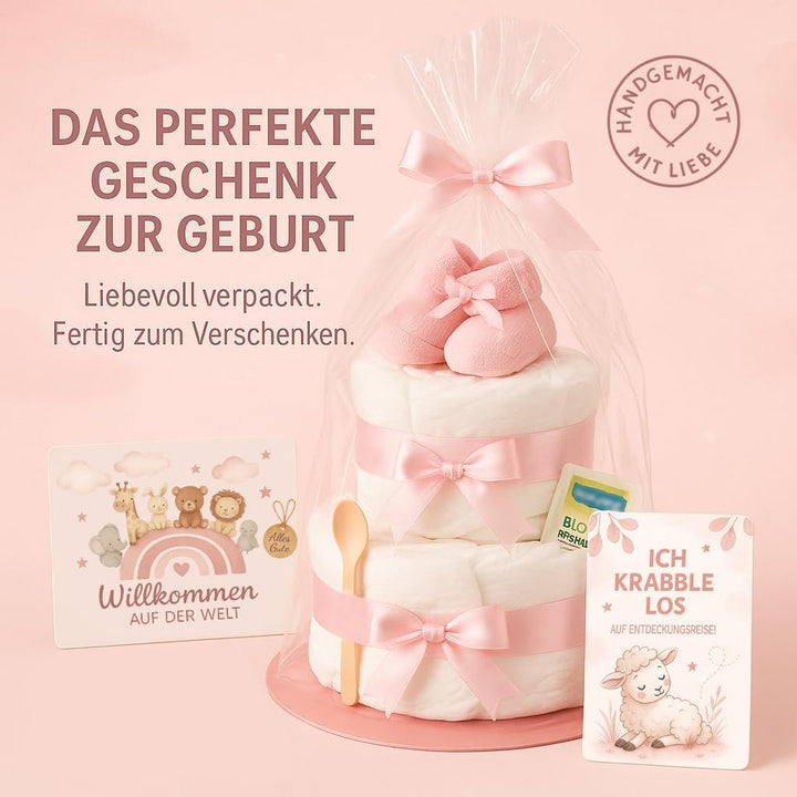 Windeltorte 2 stöckig in Rosa mit Babysocken für Mädchen, Pinkelparty Geschenke zur Geburt, Taufe od