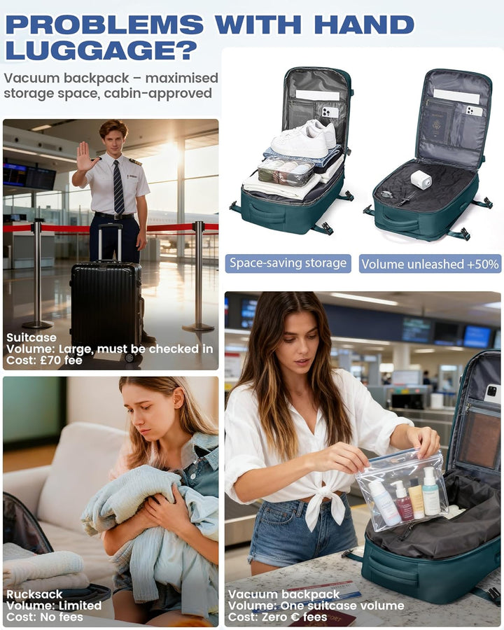 SZLX Vakuum Rucksack mit pumpe Ryanair Handgepäck 40x30x20 Damen Wizzair Handgepäck 40x30x20 Vakuum