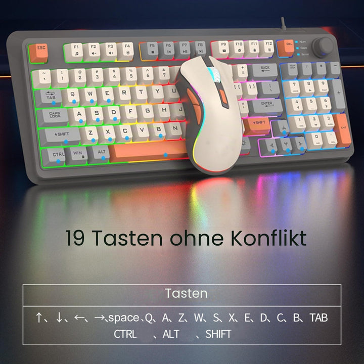Kompakte Kabelgebundene Tastatur und Maus Set mit 94 Tasten Lautstärkeregler Buntes Licht Ergonomisc