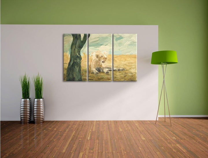Pixxprint Löwin Ruhe Savanne Kunst Pinsel Effekt 3-Teiler Leinwandbild 120x80 Bild auf Leinwand
