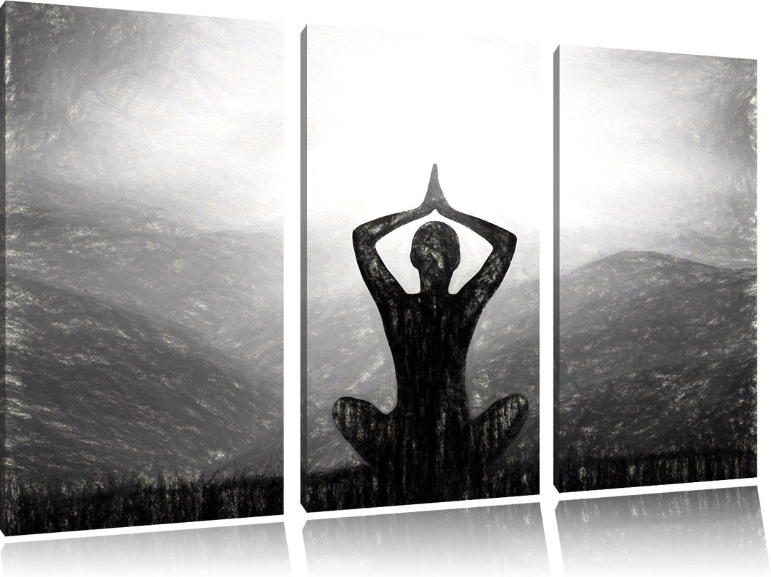 Pixxprint Meditierender Mann in den Bergen Kunst Kohle Effekt 3-Teiler Leinwandbild 120x80 Bild auf