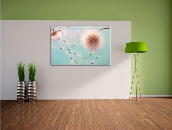 Pixxprint Pusteblumen in Bewegung / 100x70cm Leinwandbild bespannt auf Holzrahmen/Wandbild Kunstdruc