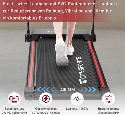 CITYSPORTS Elektrisches Laufband,Klappbares Laufband für Zuhause bis 12 km/h,mit LED-Anzeige,APP und