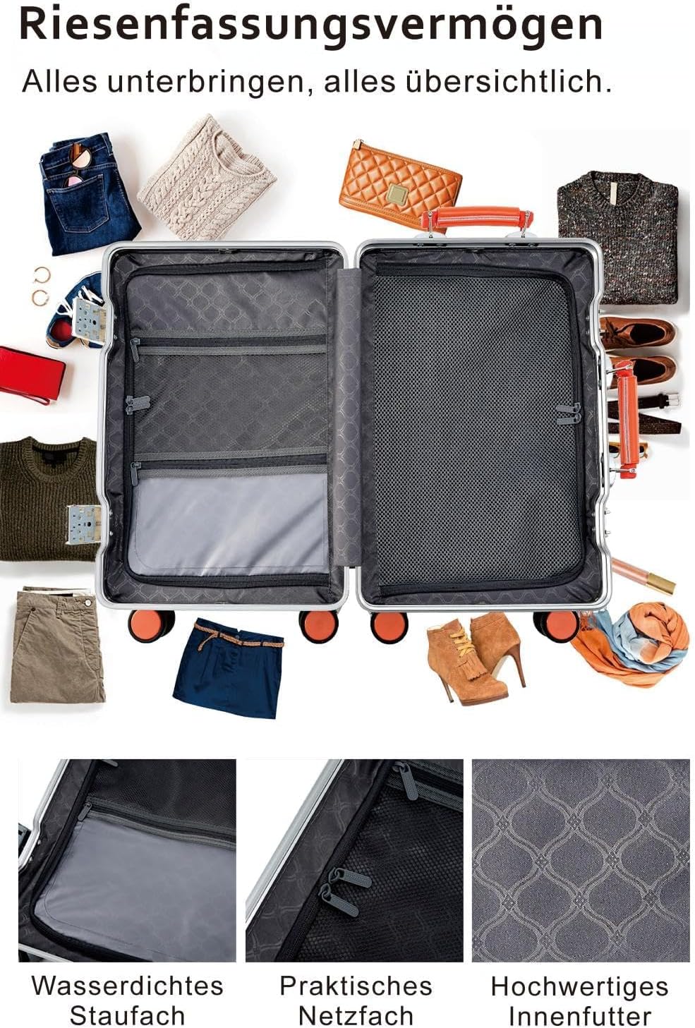 Aoliwei Aluminium-Rahmen Reisekoffer M (64cm) – Premium Hartschalen-Trolley für 4-6 Tage Reisen, Wei