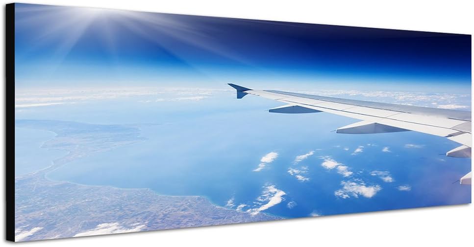 Paul Sinus Art Panoramabild auf Leinwand und Keilrahmen 150x50cm Flugzeug Flügel Himmel Wolken