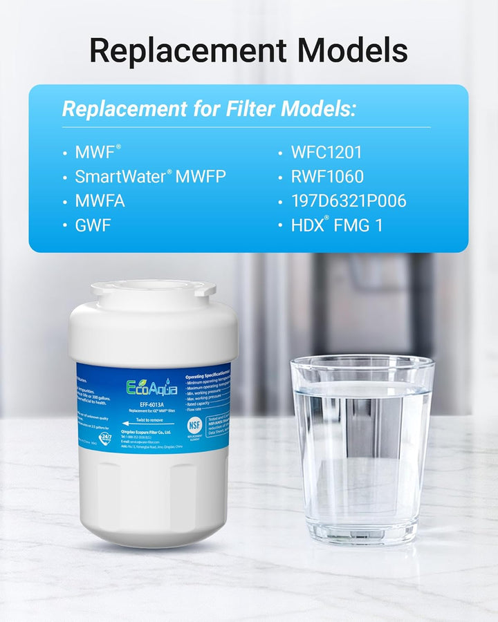 EcoAqua EFF-6013A Kühlschrankwasserfilter Kompatibel mit GE SmartWater MWF, MWFA, MWFA, MWFAP, MWFDS