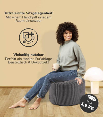 mokebo® Pouf, Hocker o. Sitzhocker aus Cord 40x60 cm 'Der Faule Lenz', Bodenkissen rund Anthrazit, F
