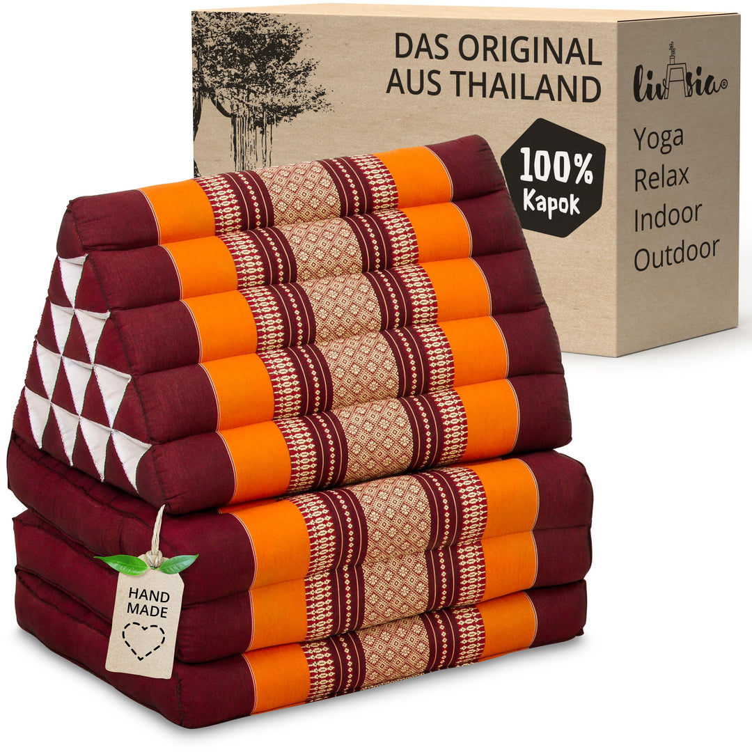 livasia Thaikissen 3 Auflagen extrahoch - 185x55x8cm - Dreieckskissen mit Klappmatratze, Kapok, Jumb