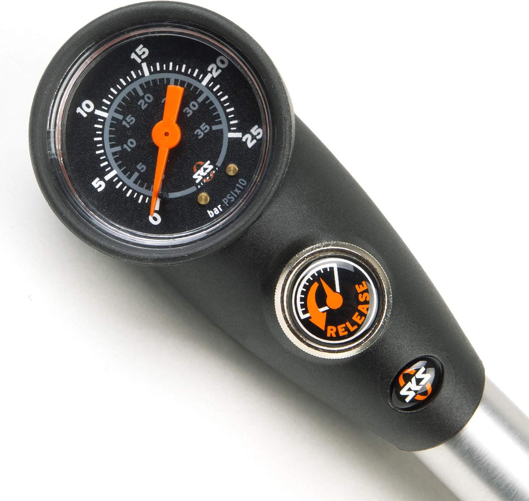 SKS GERMANY SAM Dämpferpumpe (Luftpumpe für AV-Ventile, Präzisionsmanometer, schwenkbarer Schlauchan