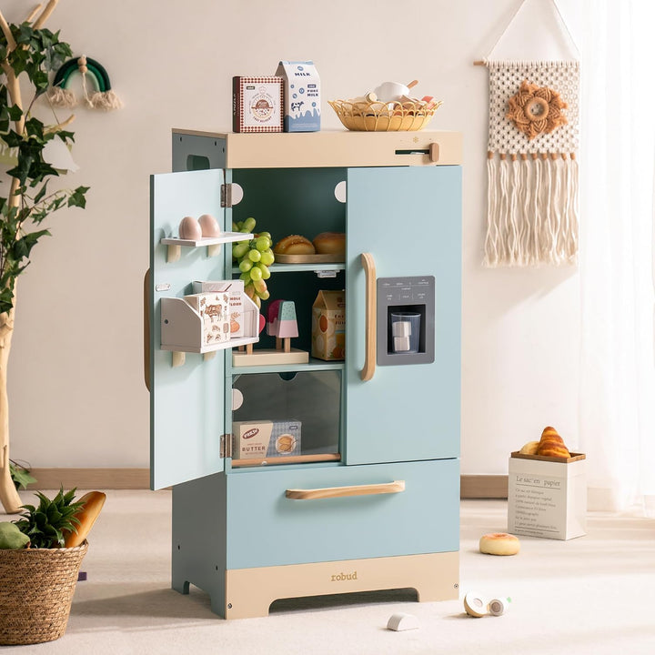 ROBUD Kühlschrank aus Holz - Realistisch und interaktiv mit Eiswürfelbereiter und Lebensmittel-Spiel