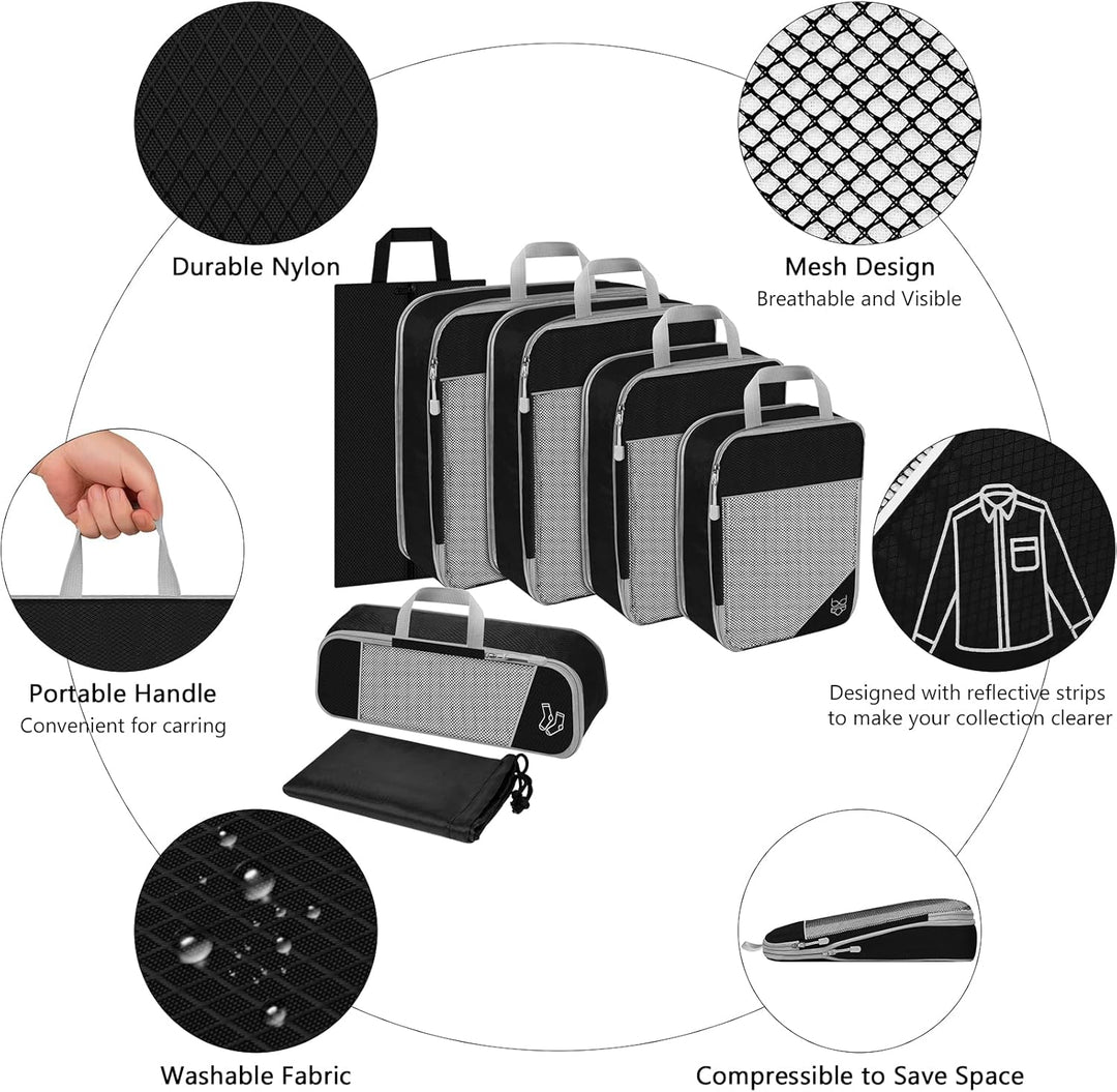 Koffer Organizer Set 7-teilig, Packtaschen mit Kompression, Compression Packing Cubes für Rucksack u