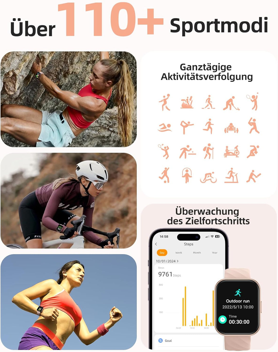 Parsonver Smartwatch Damen mit 5ATM Wasserdicht, Sportuhr zum Schwimmen, 1,8" HD Fitnessuhr Damen mi