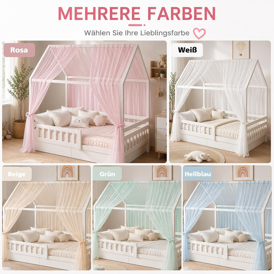 iLuane Kinderbett Baldachin Rosa mit 3 m Baumwoll-Wimpelgirlande, Hausbett Deko Set mit 2 Tüll Vorhä