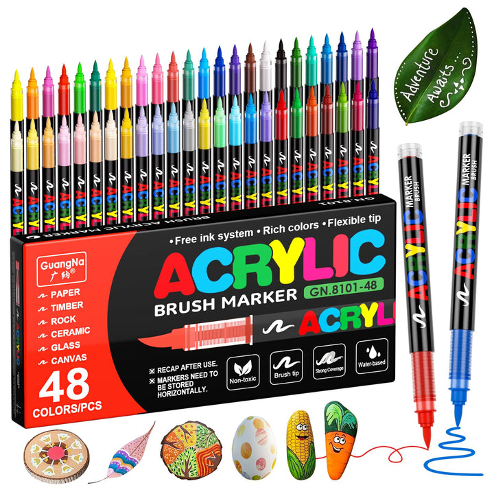 48 Farben Acrylstifte für Steine Wasserfest, Permanent Acrylic Marker, Pinselspitze Acrylstifte für
