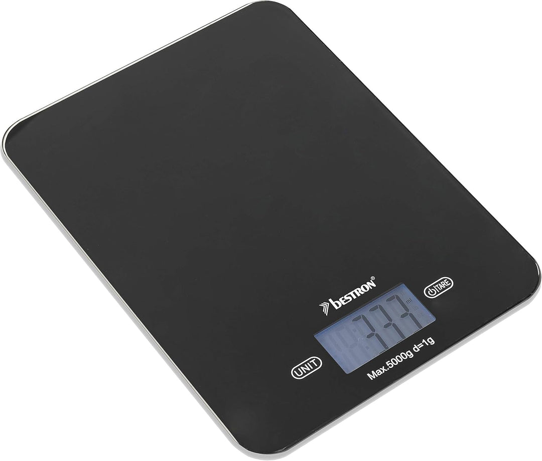 Bestron AKS710Z Digitale Küchenwaage mit LCD-Anzeige, Tragkraft 5 kg, Präzision auf 1 g, Glas, Schwa