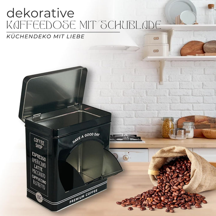 Vorratsdose Kaffeedose Teedose eckig mit Schublade, lackiert schwarz mit weisser Schrift Masse: (H/B
