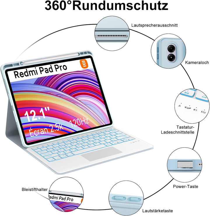Xiaomi Redmi Pad Pro 12.1 Tastatur Hülle - Xiaomi Pad Poco 12.1 Zoll 2024, Multi Touch Trackpad, 7 F