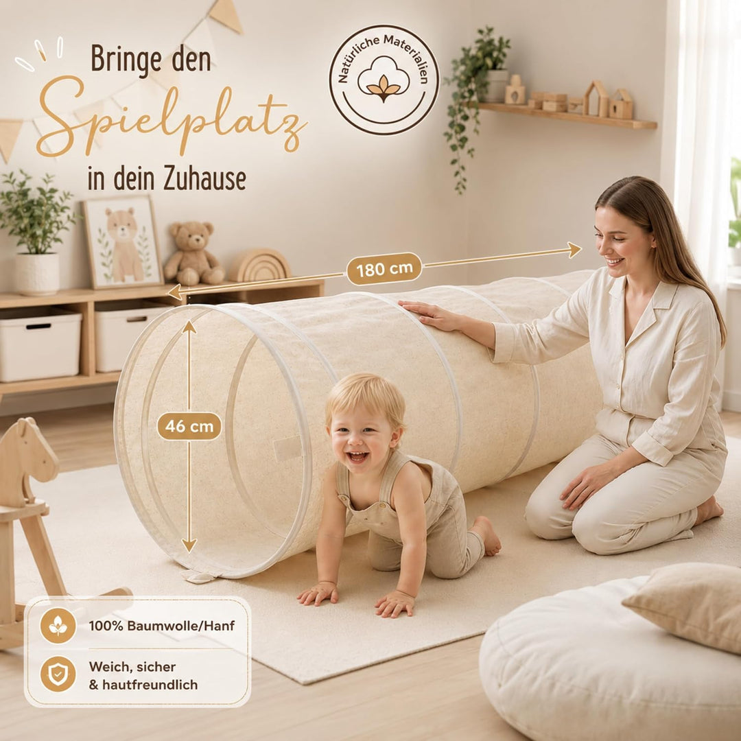 LIONHERZ® Spieltunnel für Kinder aus Baumwolle/Hanf mit Klettverschlüssen [180cm x 46cm] Krabbeltunn