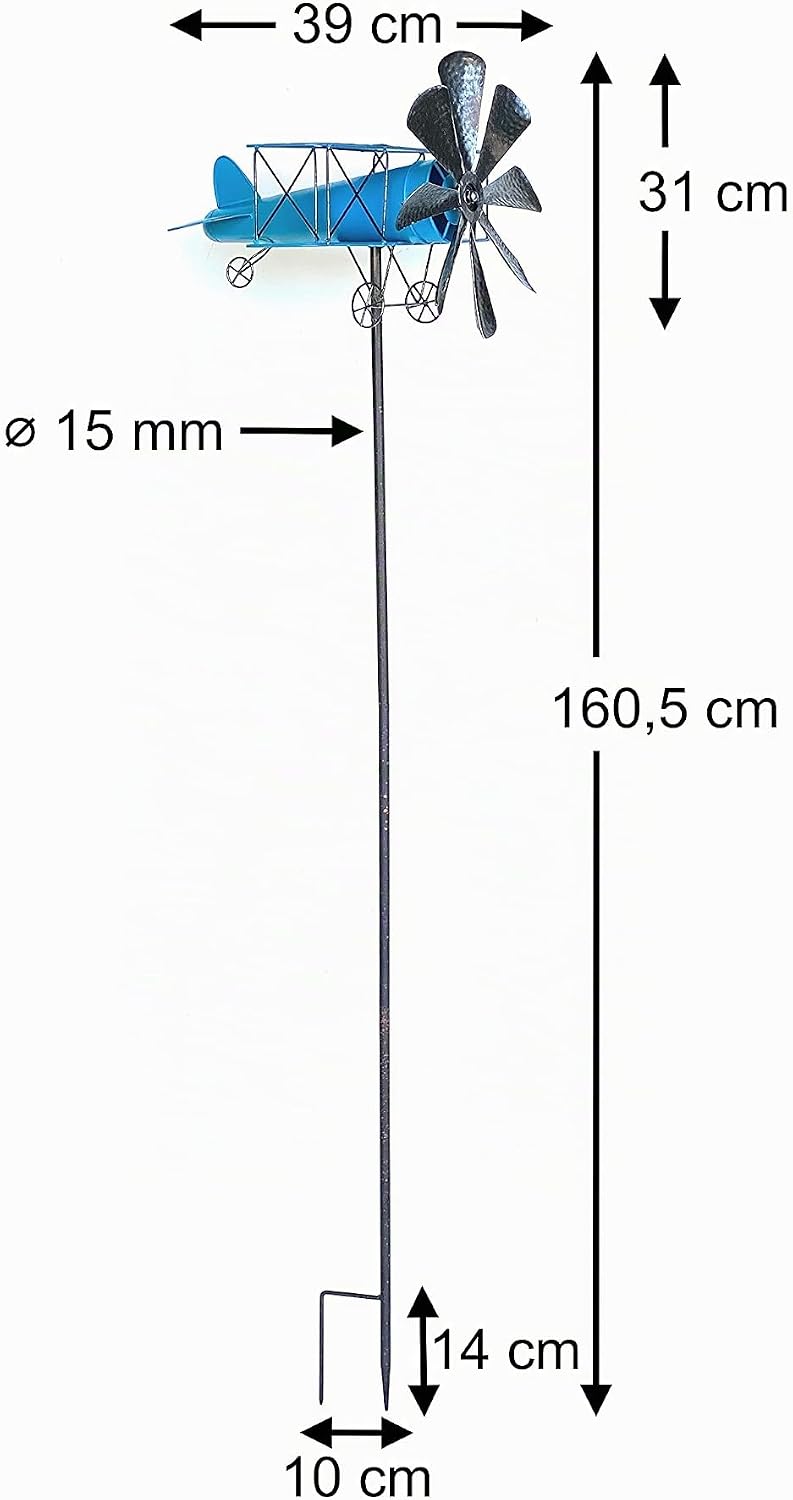 DanDiBo Gartenstecker Metall Flugzeug XL 160 cm Doppeldecker Blau 96099 Windspiel Windrad Wetterfest