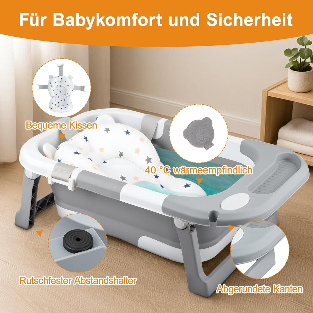 Faltbare Babybadewanne mit Sitz – tragbare Babywanne mit Wärmesensor-Ablauf, rutschfest & platzspare