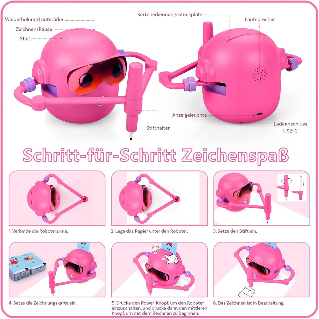 MMOBIEL Zeichenroboter für Kinder Interaktives Lernspielzeug mit 100 Zeichenkarten, Sprachanleitung,
