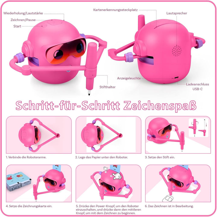 MMOBIEL Zeichenroboter für Kinder Interaktives Lernspielzeug mit 100 Zeichenkarten, Sprachanleitung,