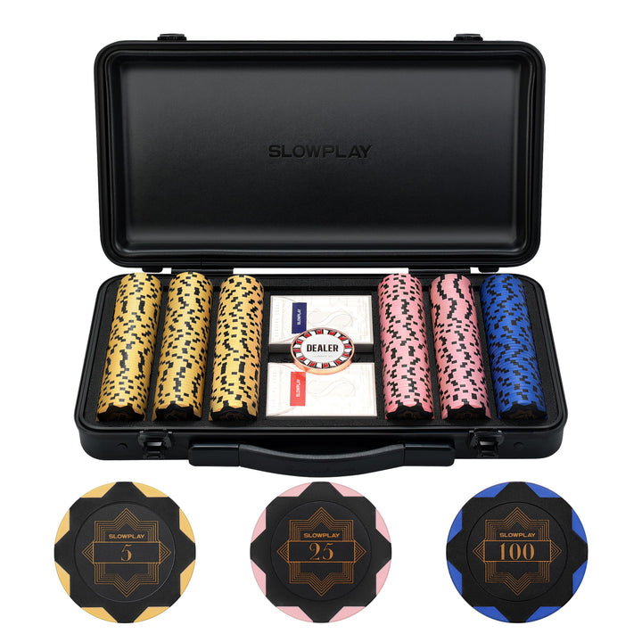 SLOWPLAY Nash 14g Ton Pokerchips-Set Black Gold Edition, 300 STK Core Set | Mit Werten: 5,25,100 | V