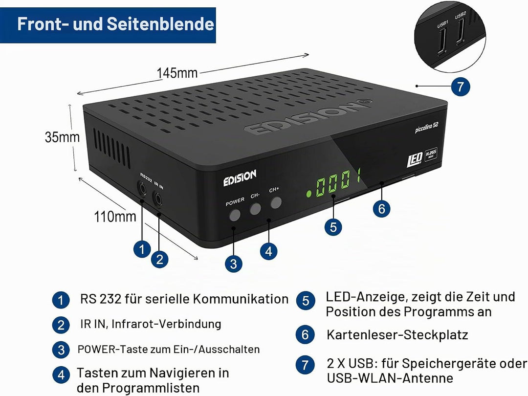 EDISION Piccollino DVB-S2 Full HD Sat Receiver H.265/HEVC Kartenleser USB Schwarz Single, Single