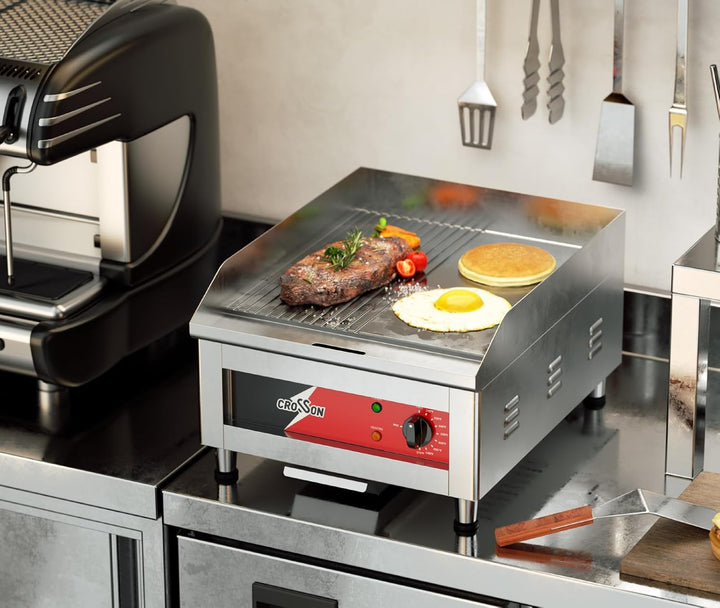 CROSSON Profi Gastro Grillplatte Elektrisch mit halb glatter und halb gerillter Grillfläche (40 x 40