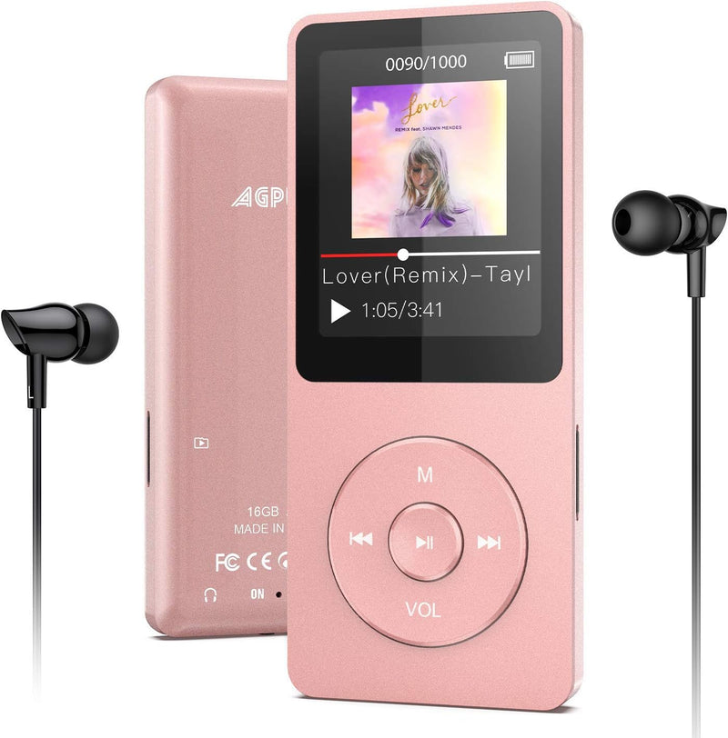 AGPTEK MP3 Player 16GB Bluetooth 5.0 mit Kopfhörer, 1.8 Zoll 70 Stunden Wiedergabezeit Digital Kinde