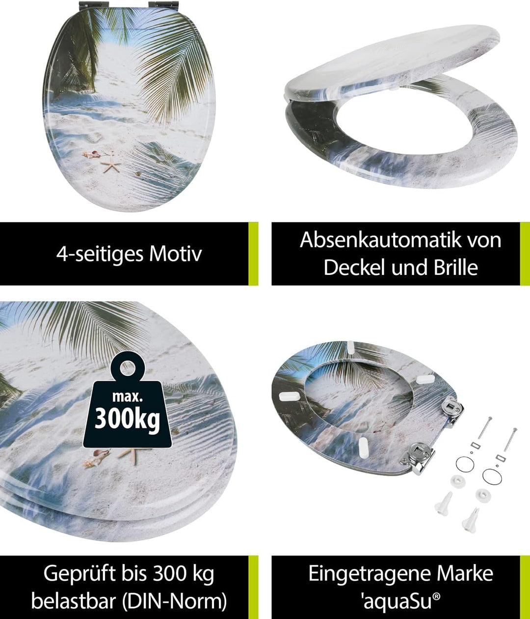 aquaSu® WC-Sitz mit Absenkautomatik, Maritim Dekor Beach, Toilettensitz mit Holz-Kern & Fast-Fix Sch
