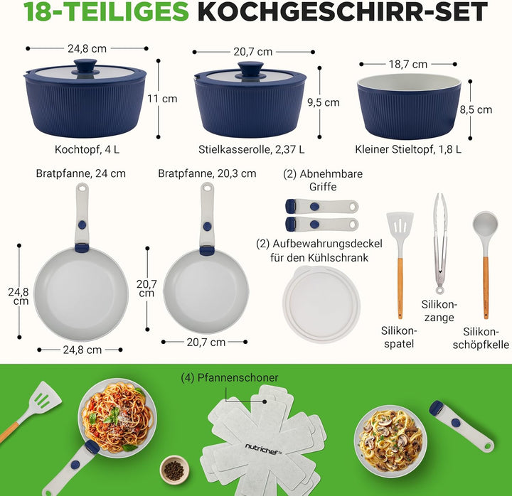 NutriChef Topfset 18 Teilig Keramik Blau mit Abnehmbaren Griffen Induktion Topf und Pfannenset Antih
