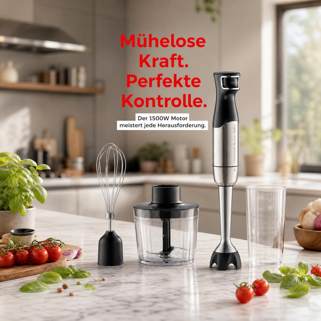 Trisa 4-in-1 Stabmixer Set Dynamic Blade 1500W – Leistungsstarker Pürierstab mit drucksensitiver Mes