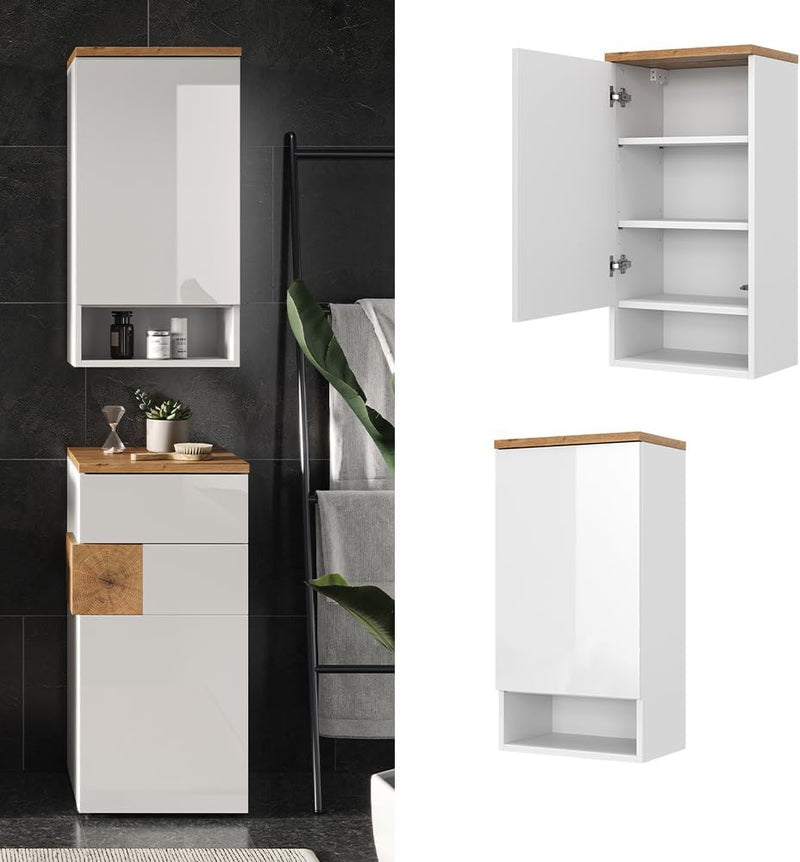 Vicco Badschrank Eden, Weiss Hochglanz/Artisan-Eiche, 40 x 77.5 cm mit 4 Fächer Weiss Hochglanz Häng