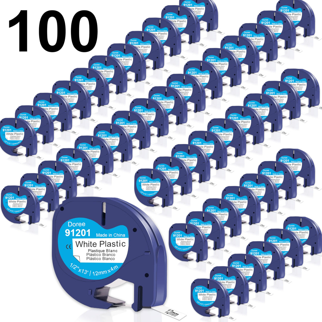 DOREE (100 Pack) 91221 91201 S0721660 Plastic White Band,12mm x 4m,Schwarz auf Weiss,kompatibel mit