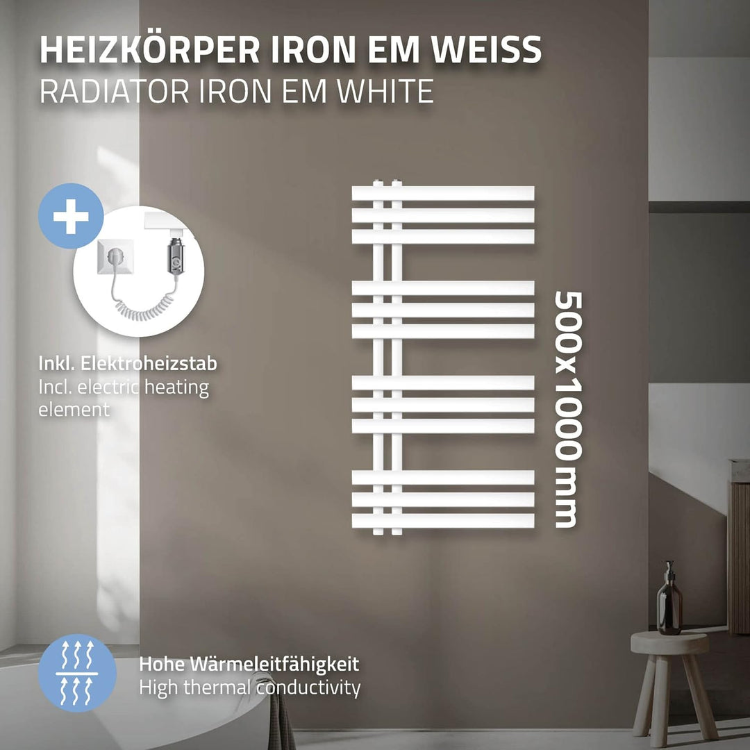 ECD Germany Badheizkörper Elektrisch 500 x 1000 mm Weiss mit Heizstab 600W - Flach Designbadheizkörp